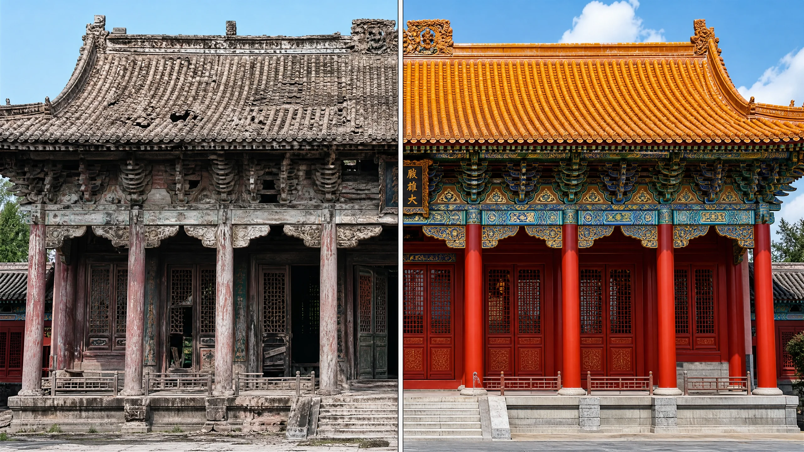 古建筑修复后的完整面貌，朱‍红立柱与金色琉璃瓦焕然一新